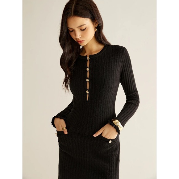 Commense Knit Mini Dress Gold Button Ribbed Long Sleeve Bodycon Cocktail Size M - Picture 4 of 14